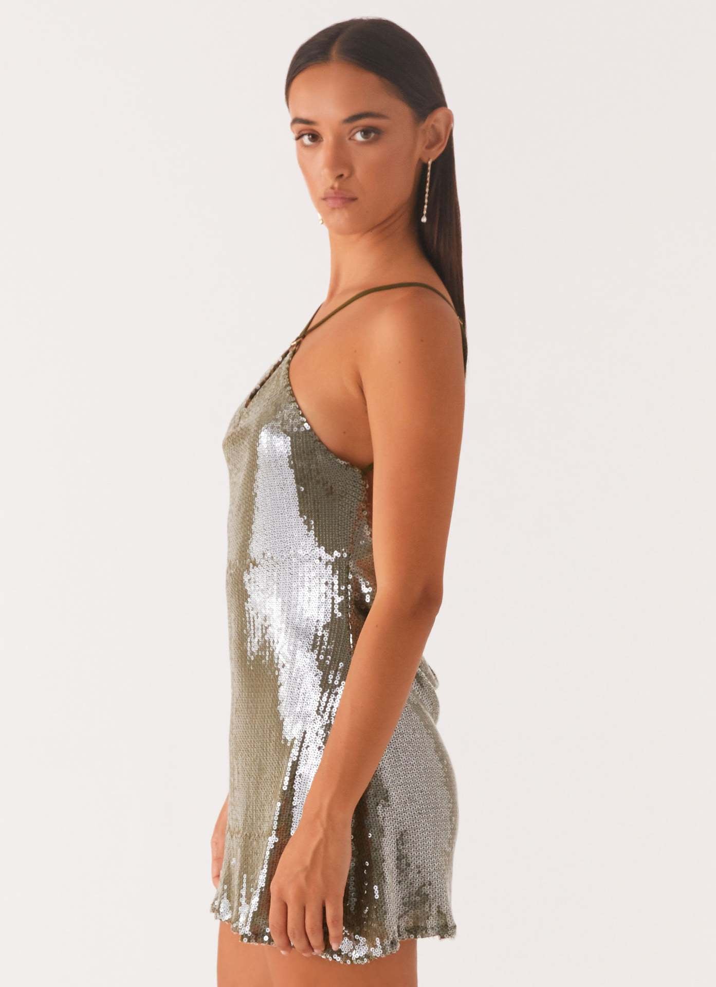 Olive Crosslight Sequin Mini Dress