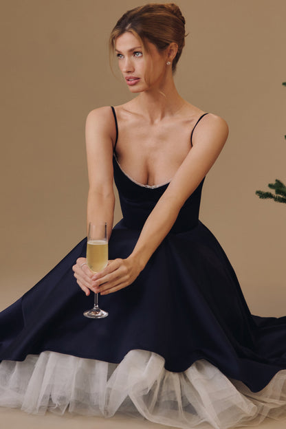 Navy Satin Corset Midi Dress