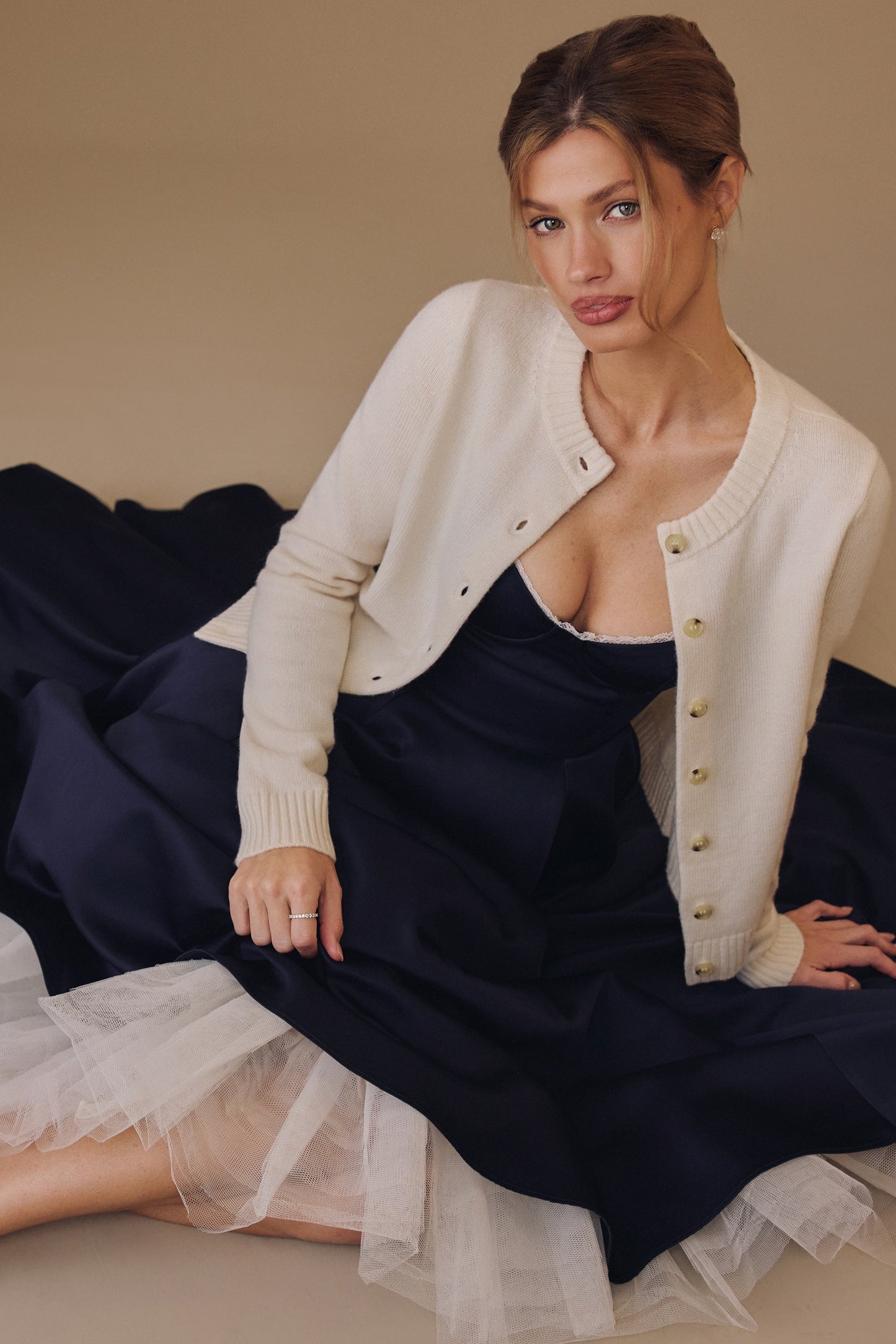 Navy Satin Corset Midi Dress