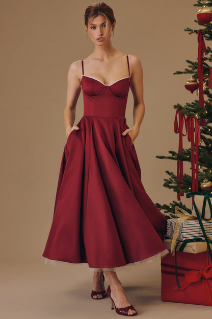 Burgundy Satin Corset Midi Dress