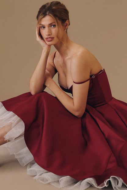 Burgundy Satin Corset Midi Dress