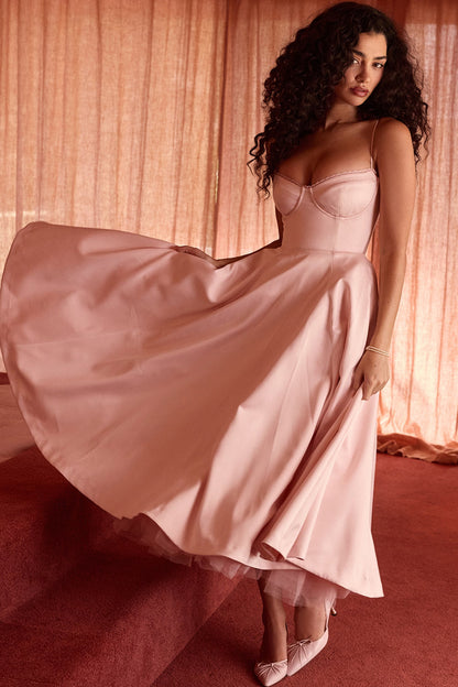 Pink Satin Corset Midi Dress