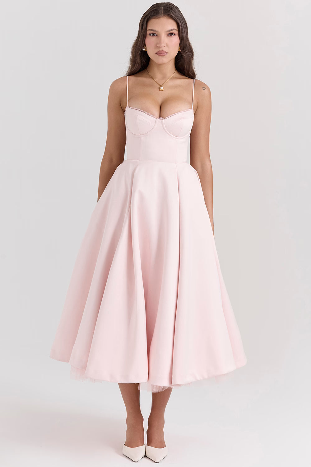 Pink Satin Corset Midi Dress
