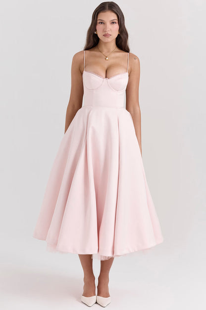 Pink Satin Corset Midi Dress
