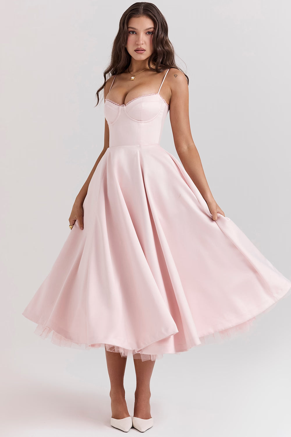 Pink Satin Corset Midi Dress