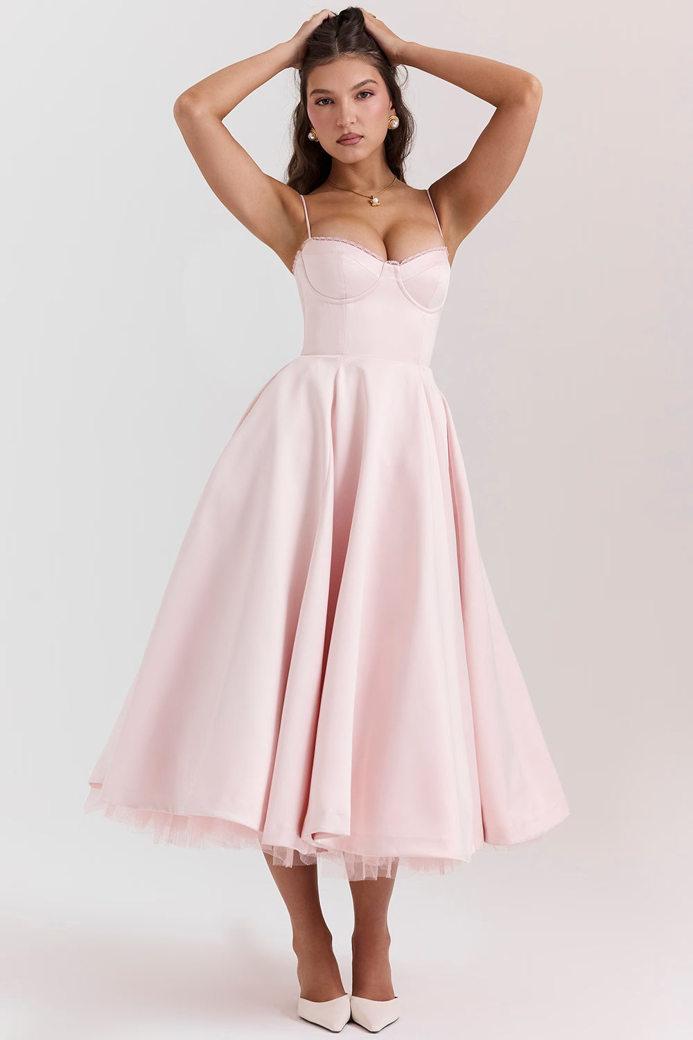 Pink Satin Corset Midi Dress