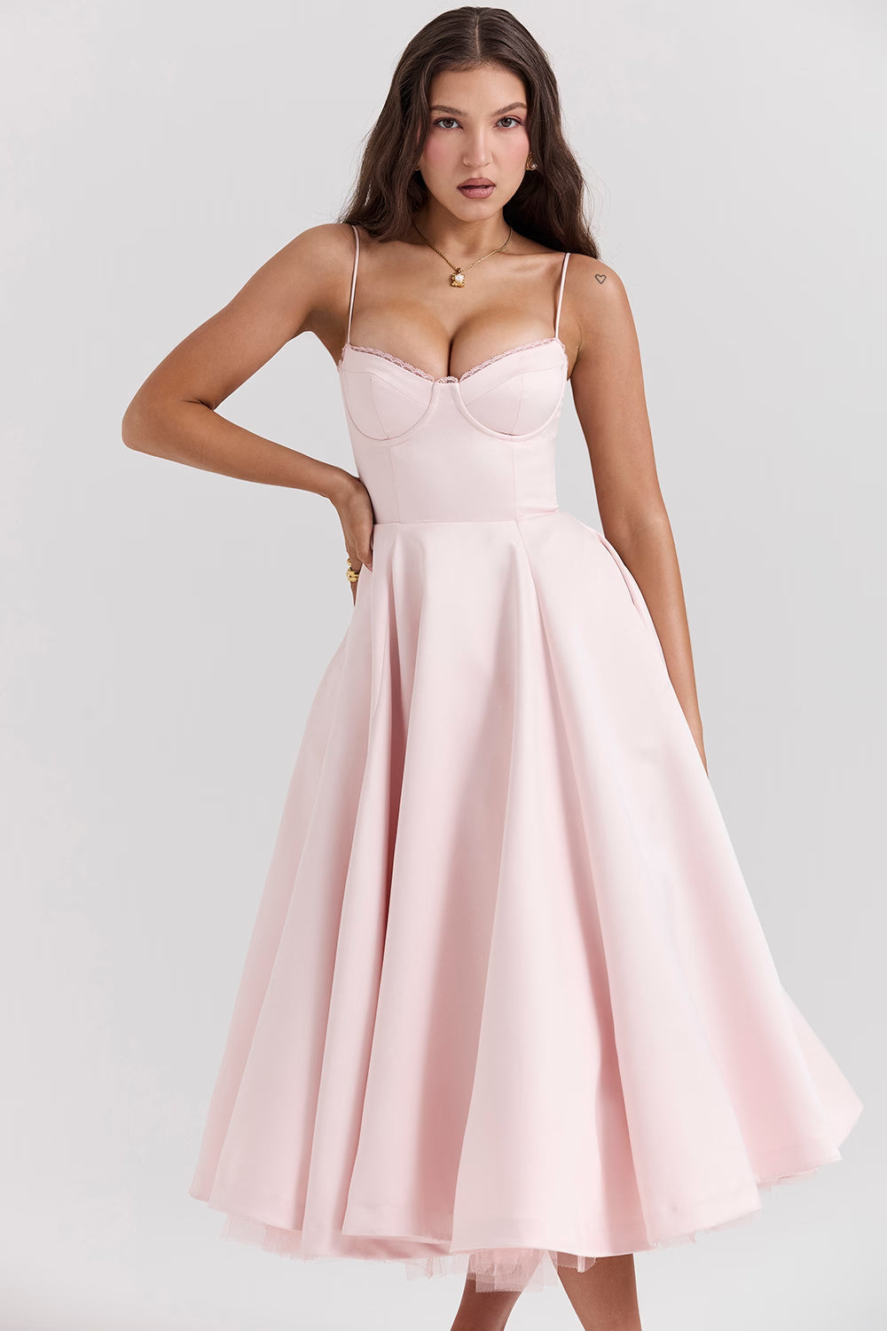 Pink Satin Corset Midi Dress
