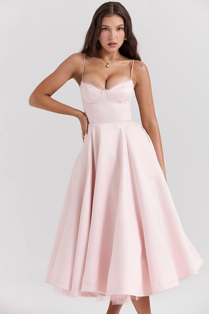 Pink Satin Corset Midi Dress