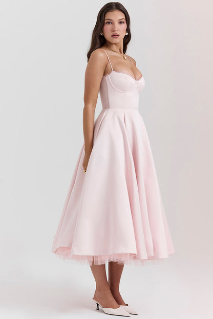 Pink Satin Corset Midi Dress