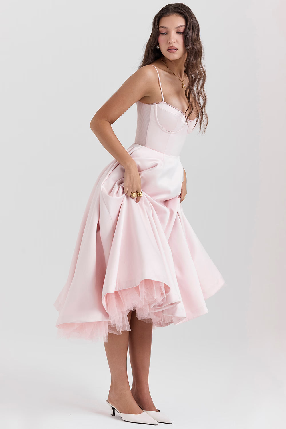 Pink Satin Corset Midi Dress
