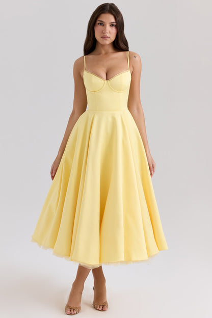 Yellow Satin Corset Midi Dress