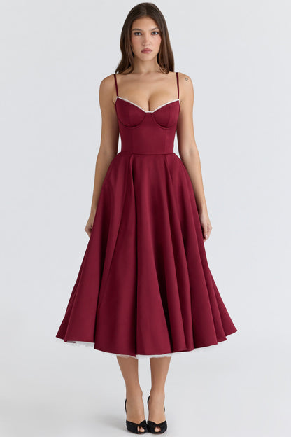 Burgundy Satin Corset Midi Dress