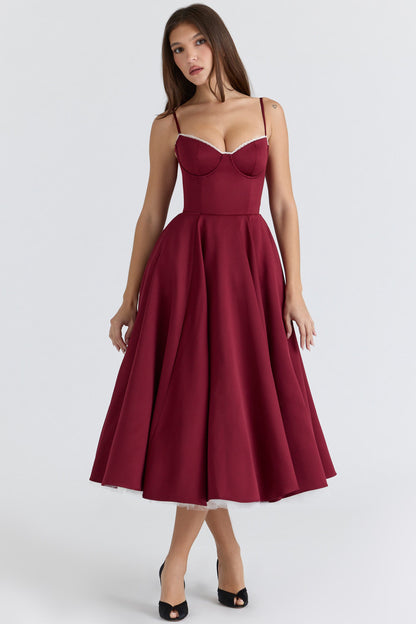 Burgundy Satin Corset Midi Dress