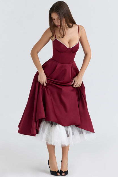 Burgundy Satin Corset Midi Dress