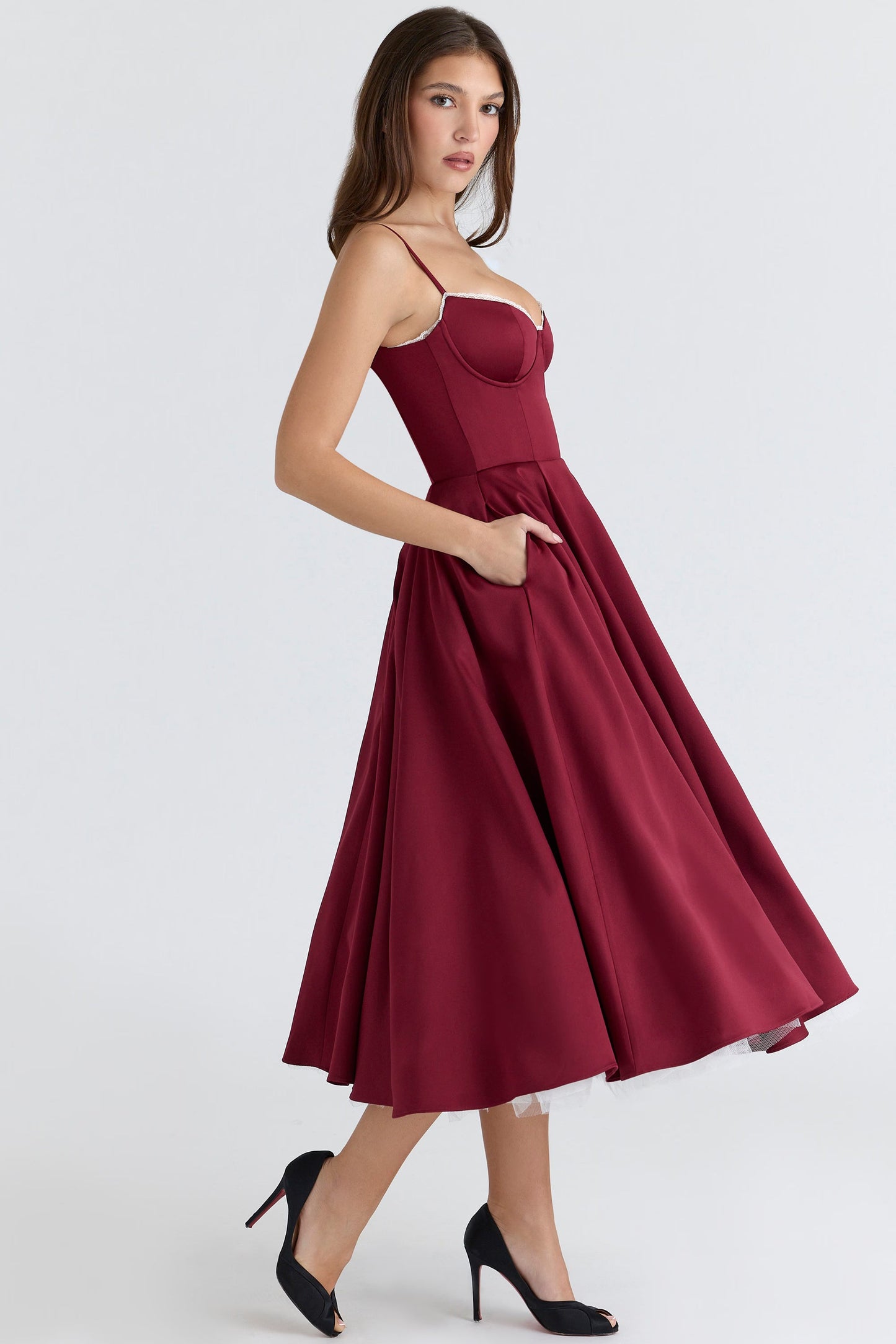 Burgundy Satin Corset Midi Dress
