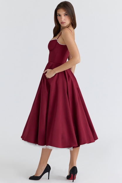 Burgundy Satin Corset Midi Dress