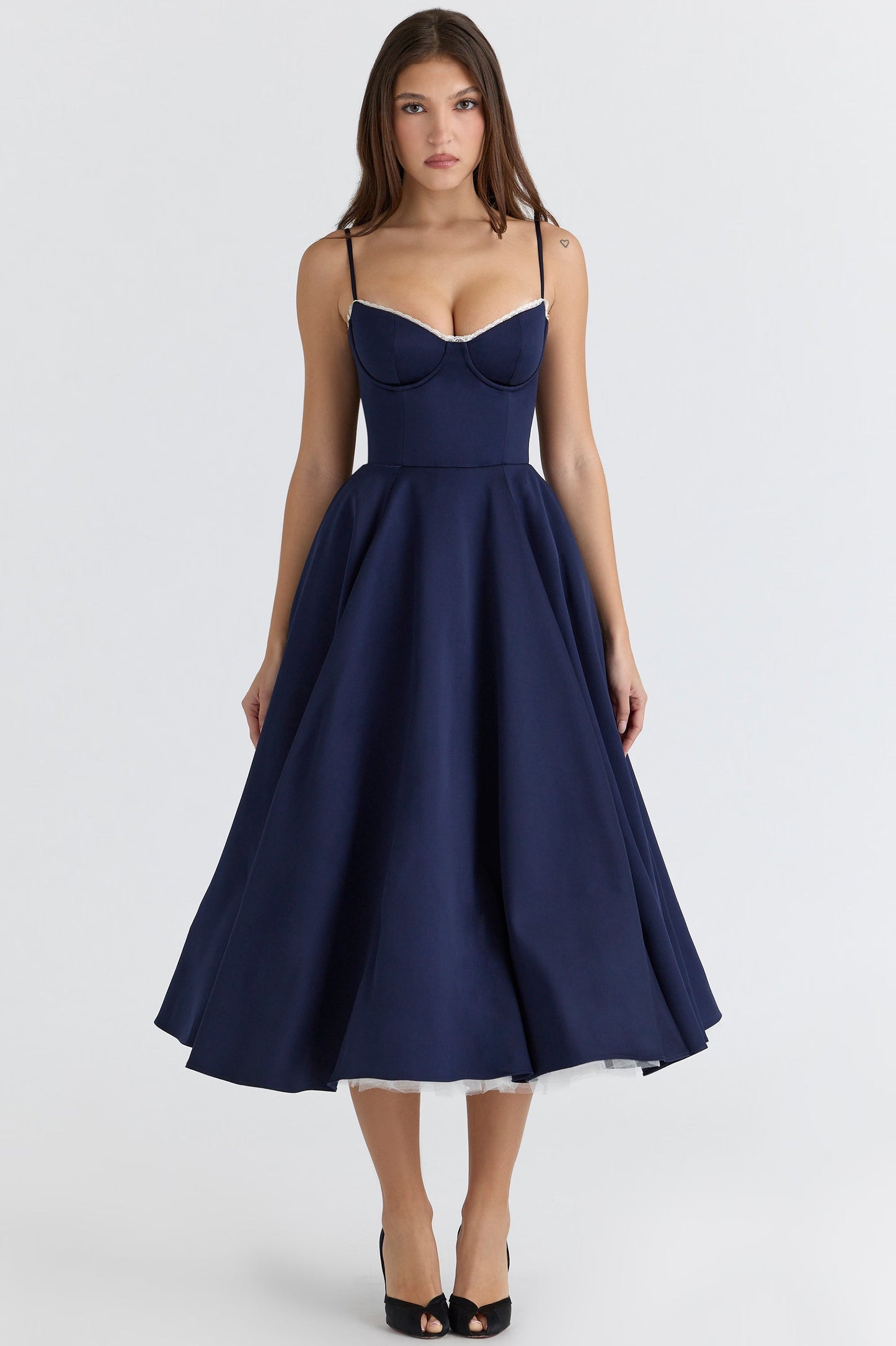 Navy Satin Corset Midi Dress
