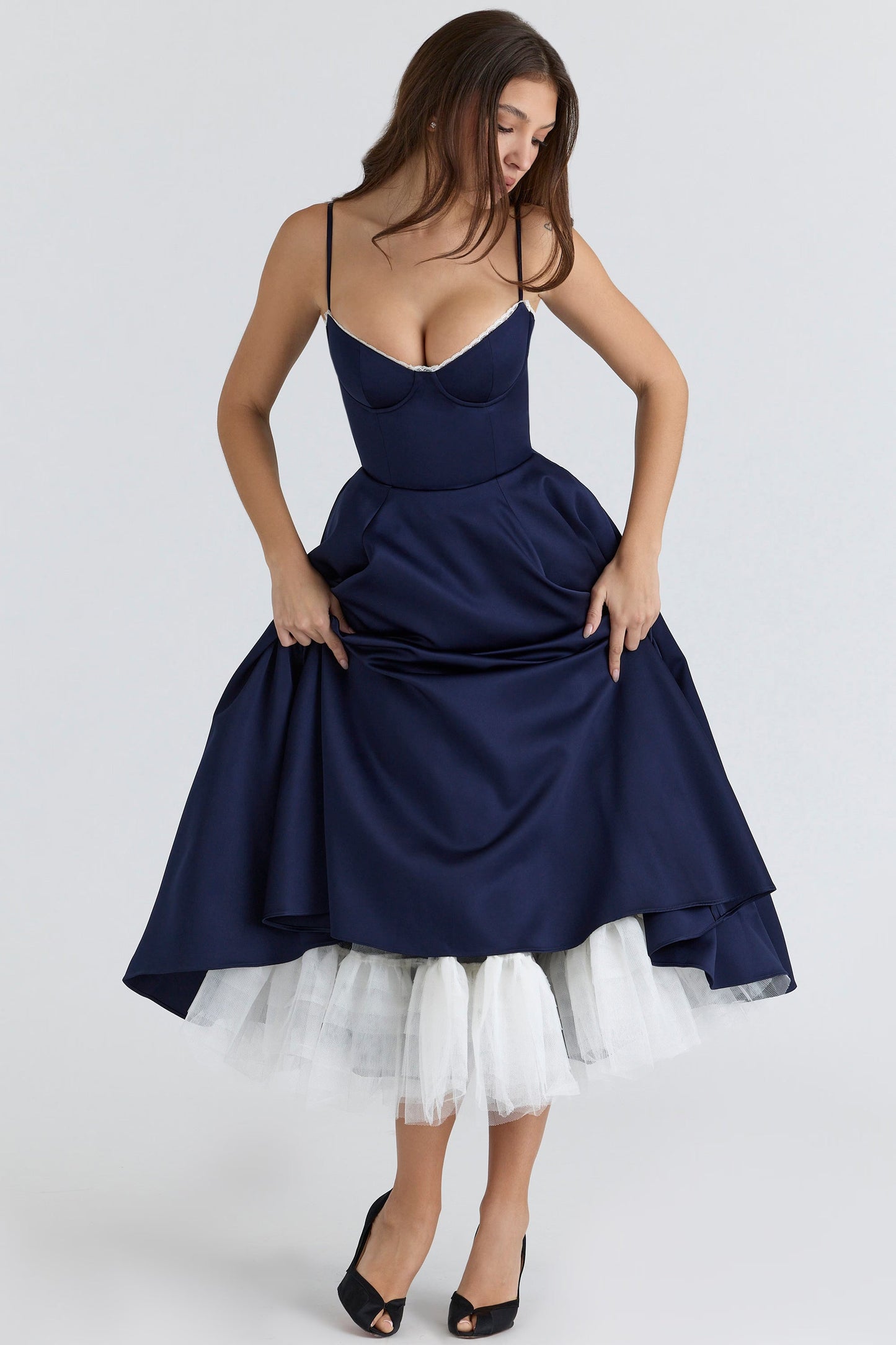 Navy Satin Corset Midi Dress