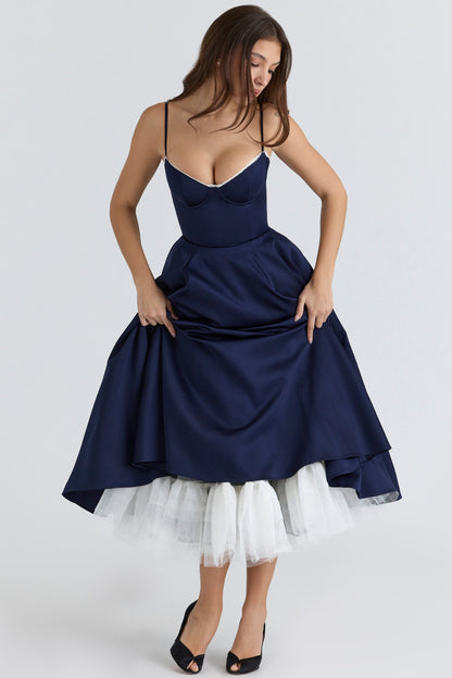 Navy Satin Corset Midi Dress