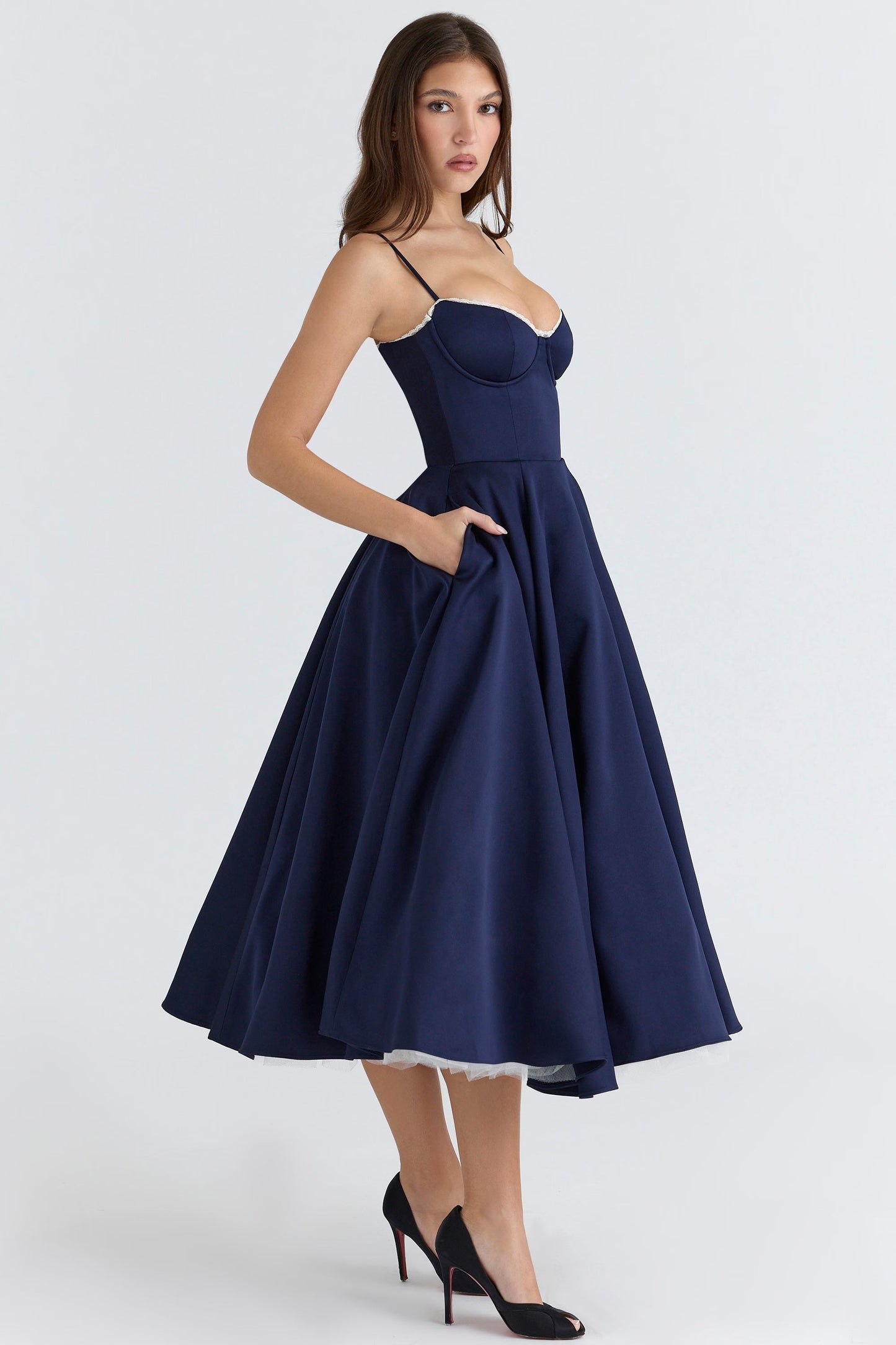 Navy Satin Corset Midi Dress
