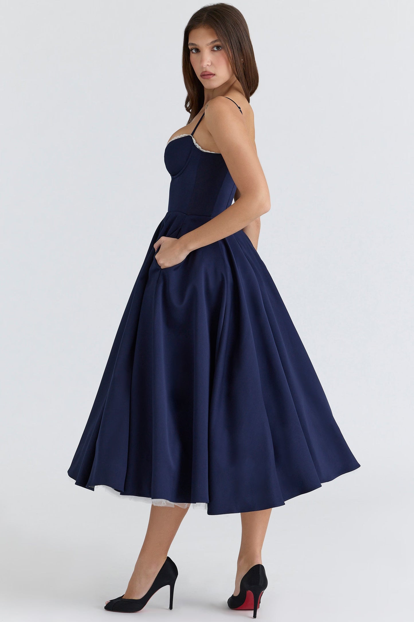 Navy Satin Corset Midi Dress