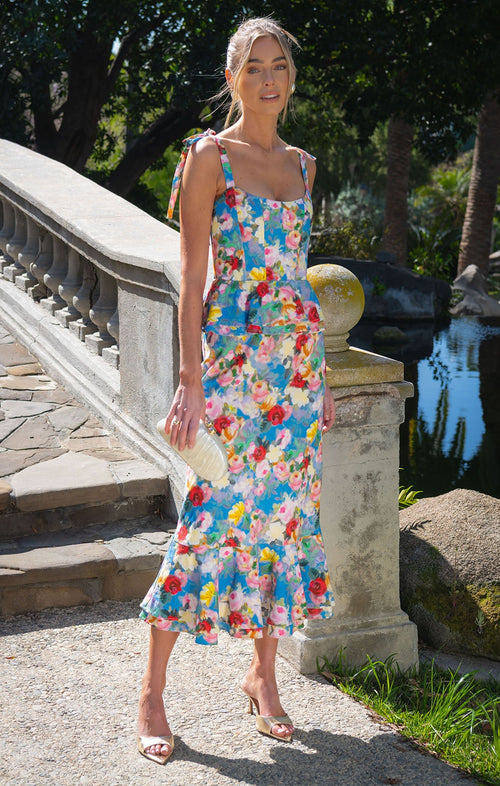 DH Early Spring Collection | "Ethereal Garden" Floral Peplum Corset Maxi Dress