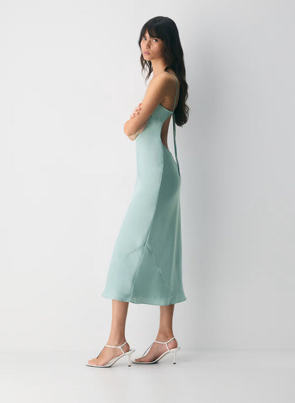 Sage Whisper Lace-Up Midi Dress